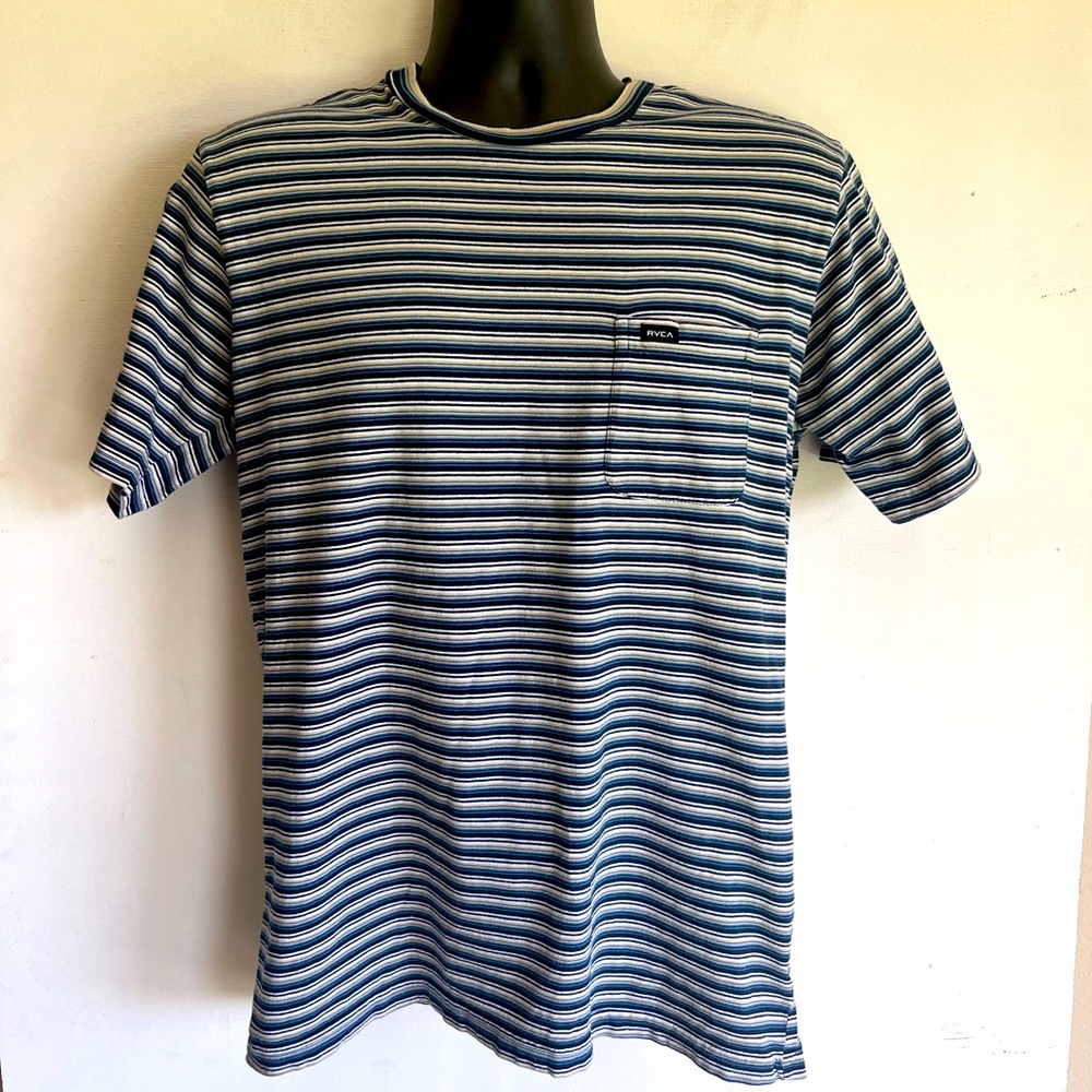 RVCA Blue and White Striped Short Sleeve Pocket Tee, Mens Medium